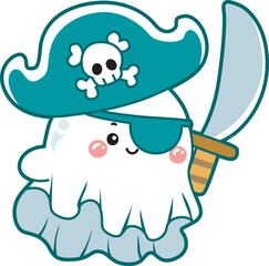 Illustration of cute white ghost icon.
Funny white ghost in activities stickers.
A cute white ghosts wearing a pirates custume with sword and hat.