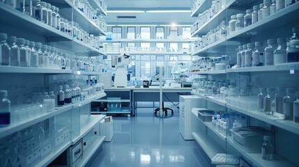 Obraz premium Clean pharmaceutical lab with organized shelves of chemicals