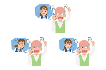 オペレーターにスマホで苦情を言うシニア　表情セット