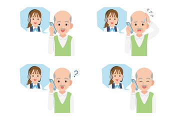 オペレーターとスマホで通話するシニア　表情セット