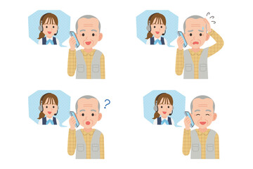 オペレーターとスマホで通話するシニア　表情セット