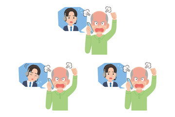 オペレーターにスマホで苦情を言うシニア　表情セット
