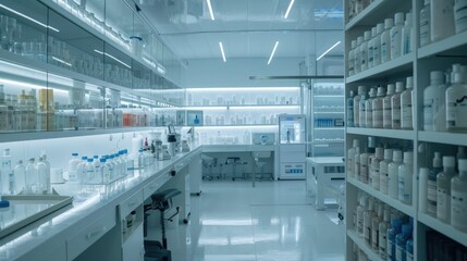 Obraz premium Clean pharmaceutical lab with organized shelves of chemicals