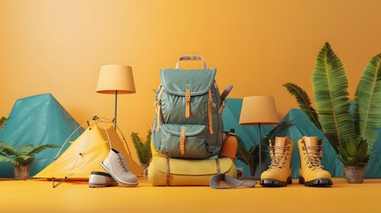 A background with 3D illustration of tents, hiking boots, and backpacks. with text space. 