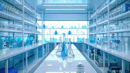 Clean pharmaceutical lab with organized shelves of chemicals