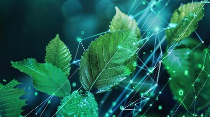 image of a sustainable investing conference, with digital leaves and green data points highlighting eco-friendly investments