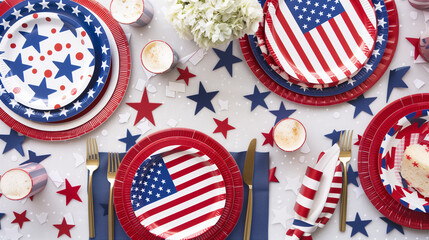 Obraz premium Patriotic Table Setting – Plates, Cutlery, Napkins, Flags for Labor Day, Fourth of July, Memorial Day