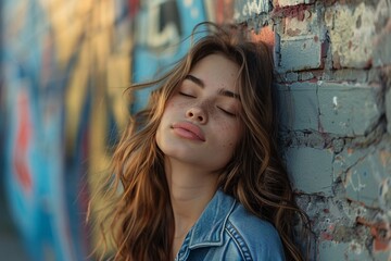 Naklejka premium Young Woman Leaning Against Graffiti Wall
