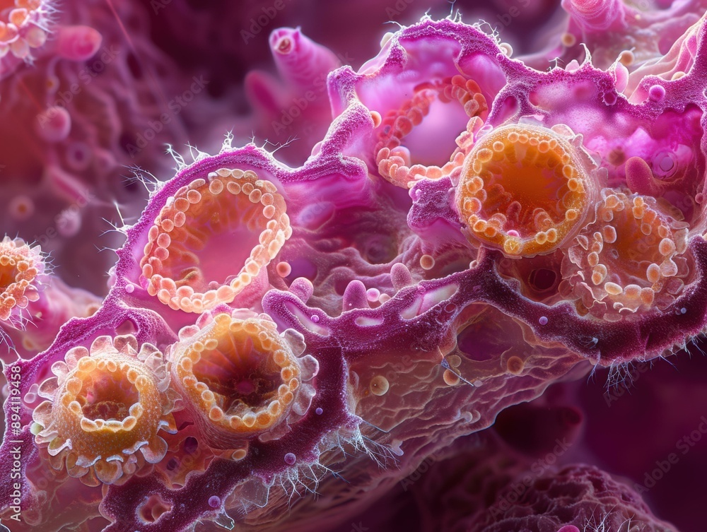 Poster a close-up view of intricate cellular structures. ai.