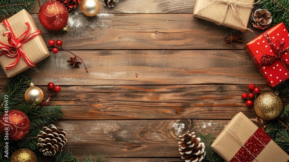 Poster Holiday Presents Adorn Wood Background