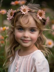 A young girl with a flower crown smiles sweetly. AI.