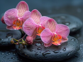 Pink orchids resting on smooth stones. AI.