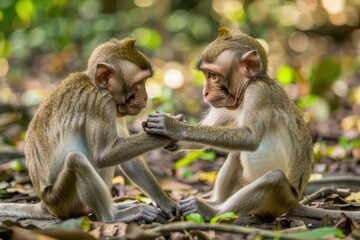 Naklejka premium Two monkeys sit close to each other, one holding the other's hand. AI.