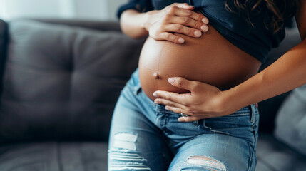 pregnant woman's belly with a focus on another woman's hand gently resting on it, symbolizing support, care, and the bond between friends or family during pregnancy