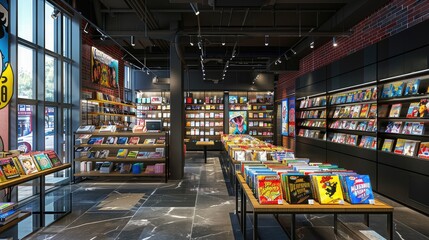 Modern Comic Book Store with Vibrant Displays and Ambient Lighting
