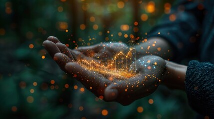 Hand holding a stock market graph going up against a black background.