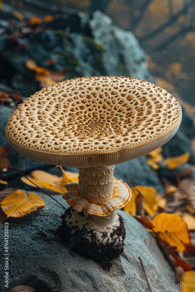 Poster a mushroom with a unique texture and pattern on its cap. ai.