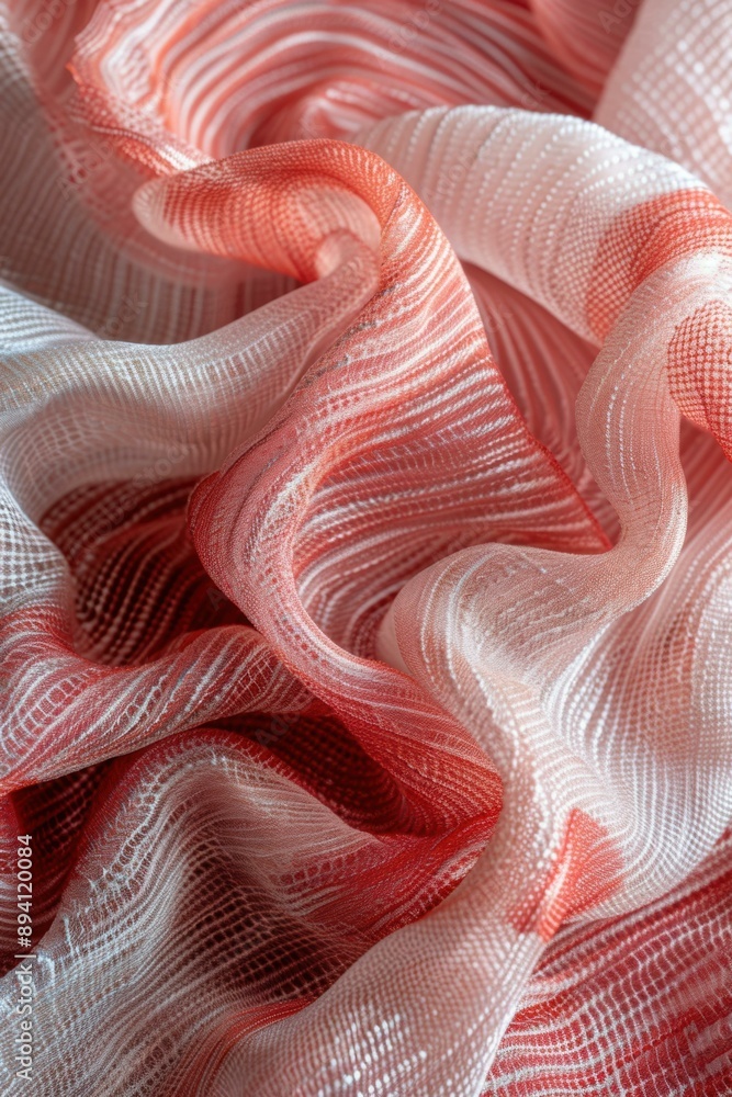 Poster a close-up of red and white fabric with a textured pattern. ai.