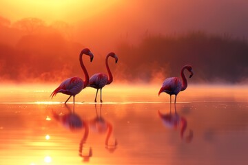 Naklejka premium Pink flamingos standing in a calm lagoon, their silhouettes and vibrant colors beautifully reflected in the still waters under the golden light of dawn.