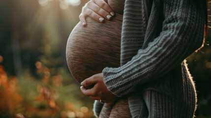pregnant woman's belly with a focus on another woman's hand gently resting on it, symbolizing support, care, and the bond between friends or family during pregnancy
