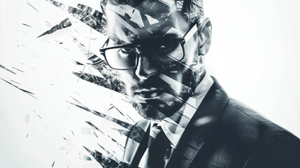 Aggressive CEO with sharp abstract lines double exposure effect bold and intense visual