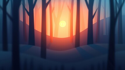 Naklejka premium Beautiful sunrise in a serene winter forest with tall trees and a magical, glowing sky. Perfect for nature and landscape enthusiasts.