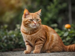 orange cat with blur background, orange cat is sitting and looking