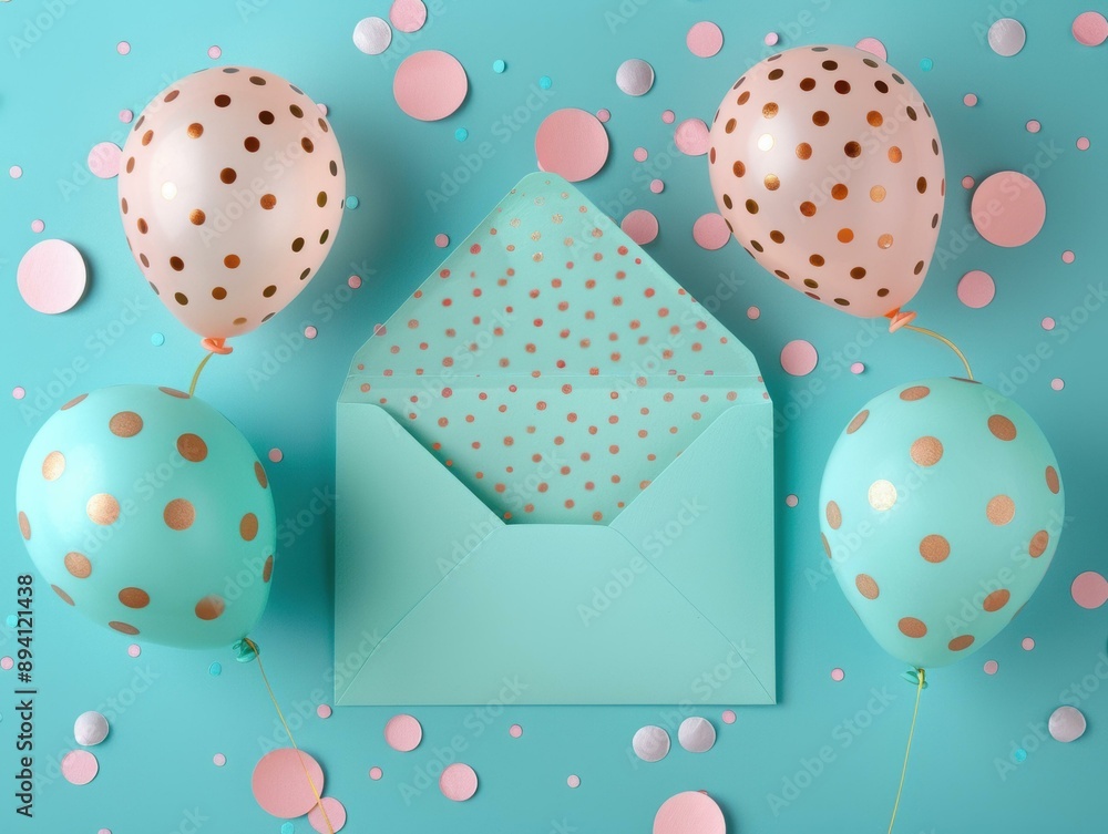Poster balloons and an envelope with confetti. ai.