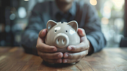 man holds a piggy bank on a wooden table, symbolizing financial planning and saving. The image reflects personal finance management and the importance of budgeting