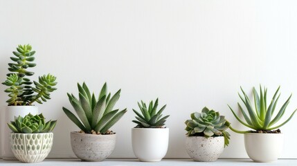 Fototapeta premium Succulent plants in front of white wall, home design. Front view with copy space