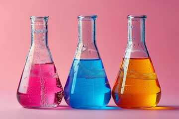 Chemical flasks with colored liquids minimal clean background bright studio lighting emphasizing the transparency and colors
