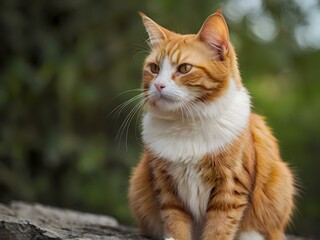 orange cat with blur background, orange cat is sitting and looking