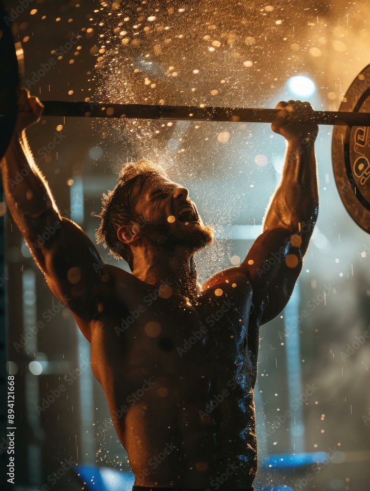 Poster a man lifting weights while getting sprayed with water. ai.