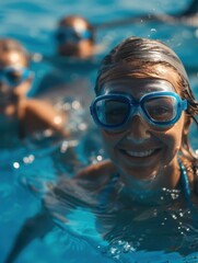 Naklejka premium A woman smiles while wearing goggles and swimming in a pool. AI.