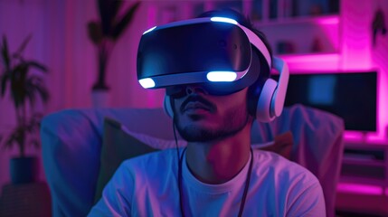 A young man, wearing a VR headset and headphones, sits in a dimly lit room, lost in the digital world