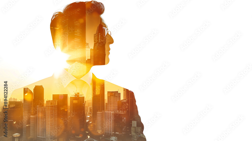 Poster Business executive with city skyline at sunset double exposure effect, powerful and successful,