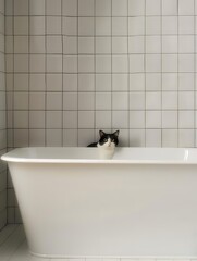 A curious black and white cat peering over the edge of a white bathtub in a tiled bathroom