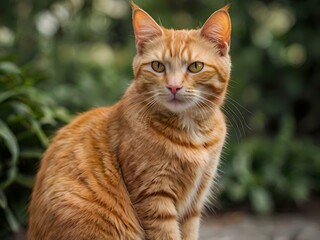 orange cat with blur background, orange cat is sitting and looking