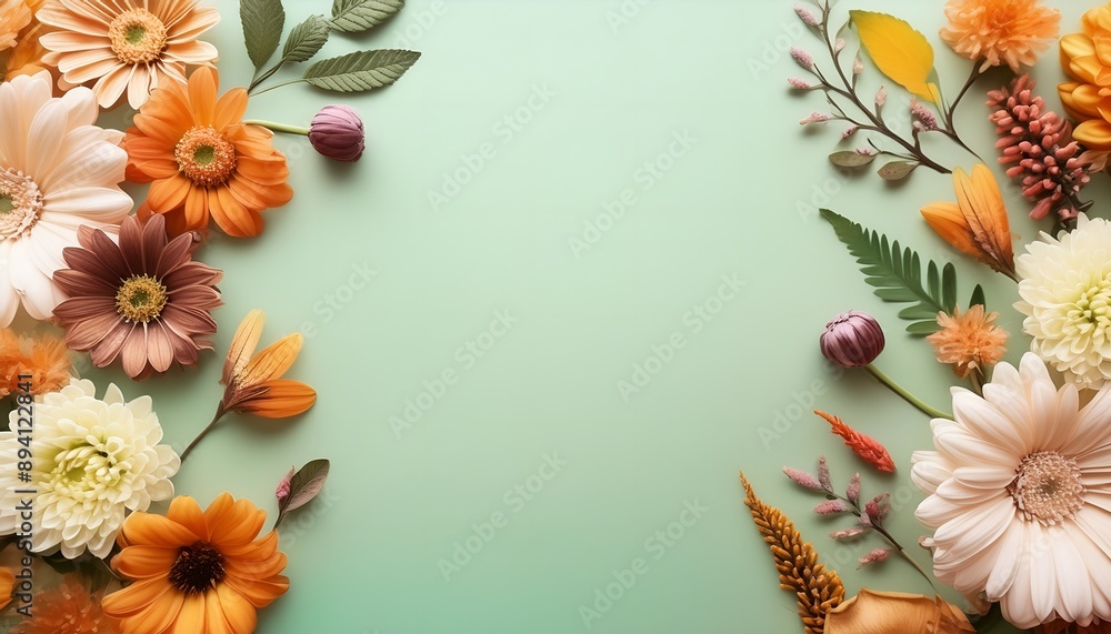 Poster fall flowers frame on green background with copy space