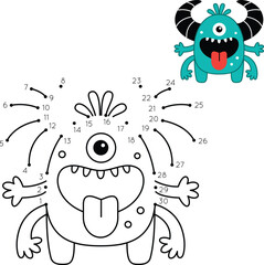 Dot to Dot Cute Monster Coloring Page. Halloween Worksheet for Kids