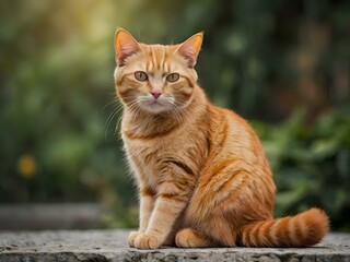 orange cat with blur background, orange cat is sitting and looking