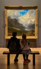 Two people are seated on a bench in a museum gallery viewing a painting depicting a mountainous landscape