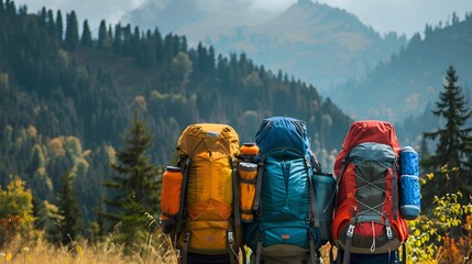 Large hiking and trekking backpacks The background image is a mountain forest. wide-angle lens realistic lighting. 