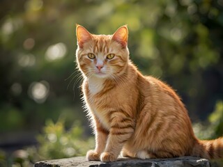 orange cat with blur background, orange cat is sitting and looking