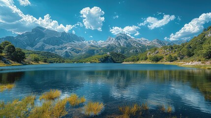 Landscape of a lake and green mountains, a sunny day with a blue sky.