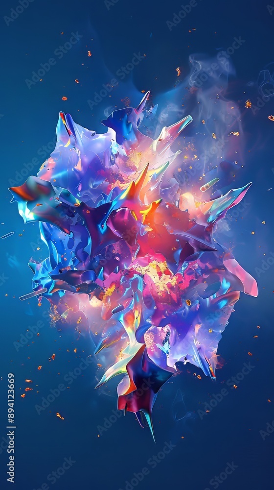 Poster a colorful abstract explosion with glowing elements against a deep blue background
