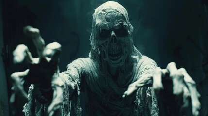 A ghastly zombie ghost with skeletal hands reaching out from the shadows