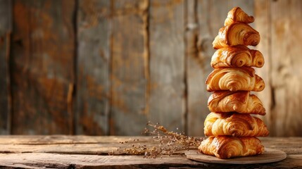 Croissants stacked in a spiral tower on a rustic wooden table