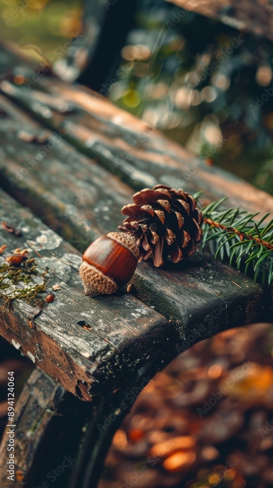 Poster a brown acorn sits next to a closed pine cone on a wooden bench. the bench is weathered and worn, an