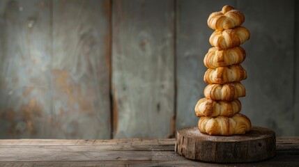 Croissants stacked in a spiral tower on a rustic wooden table